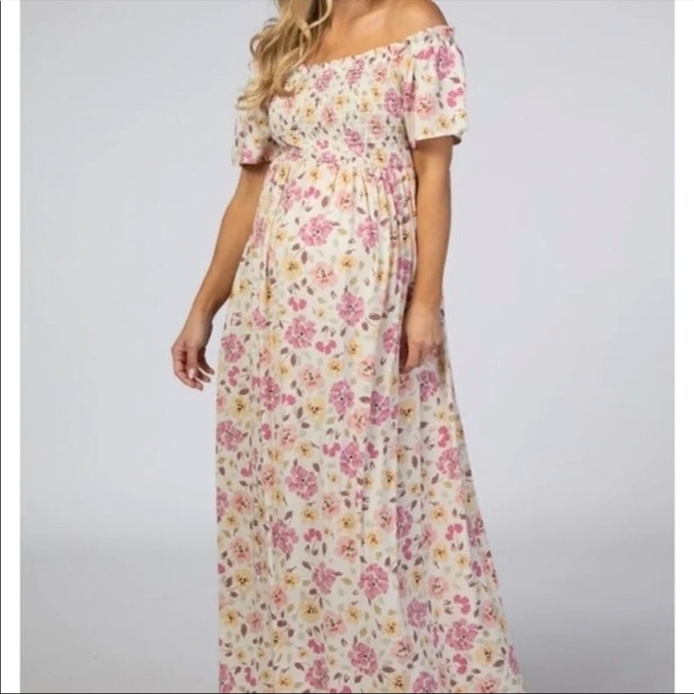 PinkBlush hello mz Pink Floral Smocked Off shoulder Maternity Dress
